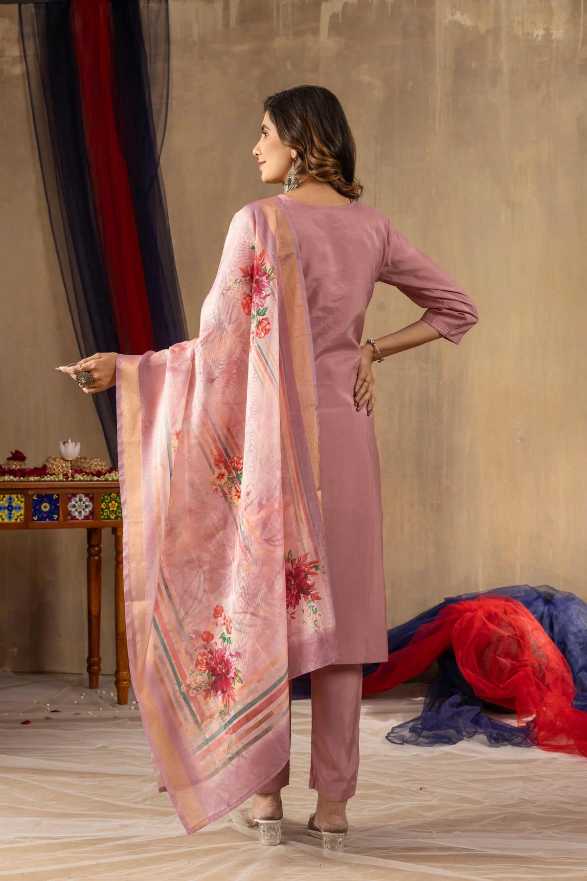 Lorenvalley Fashion Onionpink Shimmer Gold Silk Multi Embroidery Thread With Hand Work Kurta Pant Dupatta | Grocsy