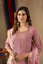 Lorenvalley Fashion Onionpink Shimmer Gold Silk Multi Embroidery Thread With Hand Work Kurta Pant Dupatta | Grocsy