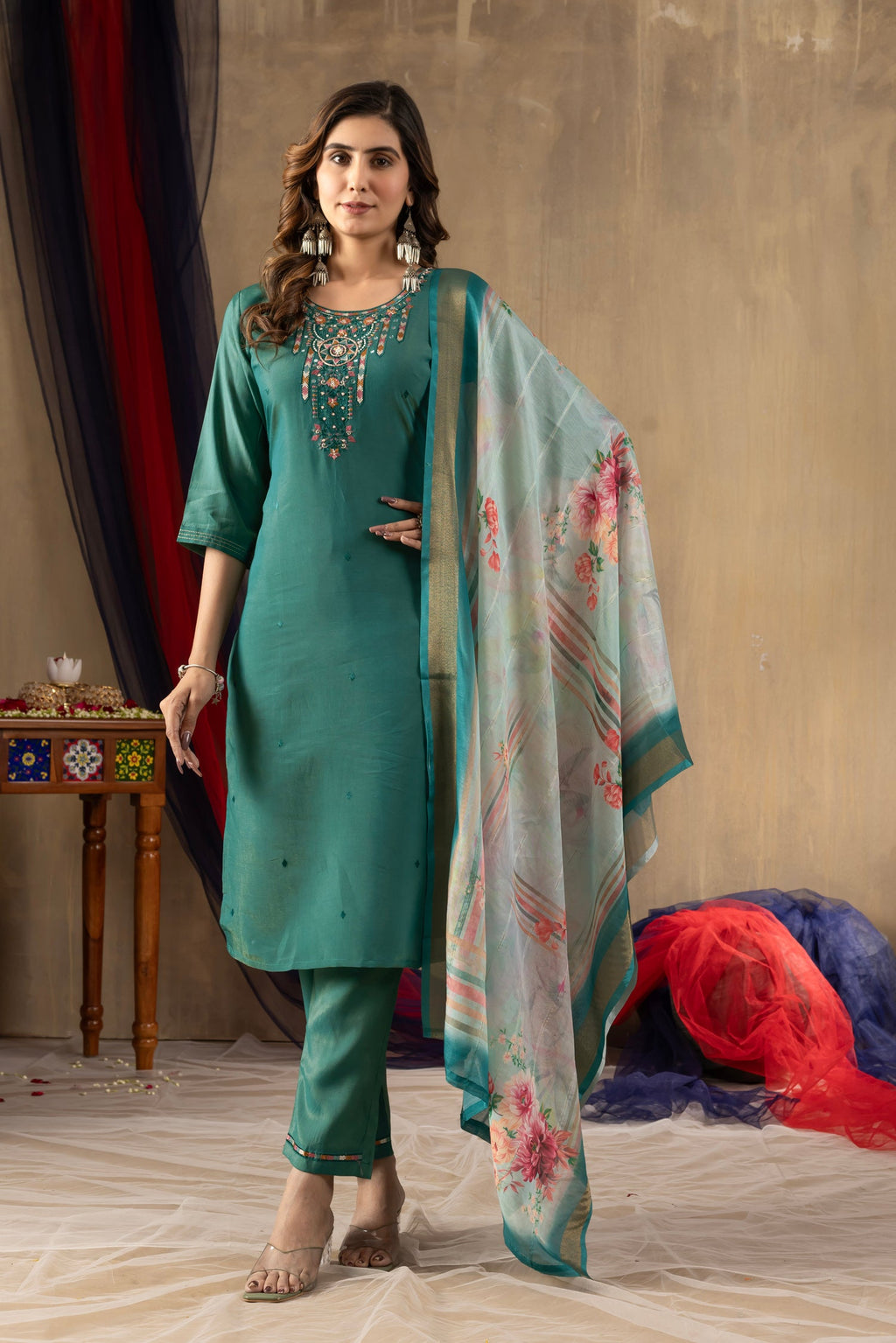 Lorenvalley Fashion Rama Shimmer Gold Silk Multi Embroidery Thread With Hand Work Kurta Pant Dupatta | Grocsy