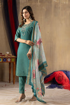 Lorenvalley Fashion Rama Shimmer Gold Silk Multi Embroidery Thread With Hand Work Kurta Pant Dupatta | Grocsy