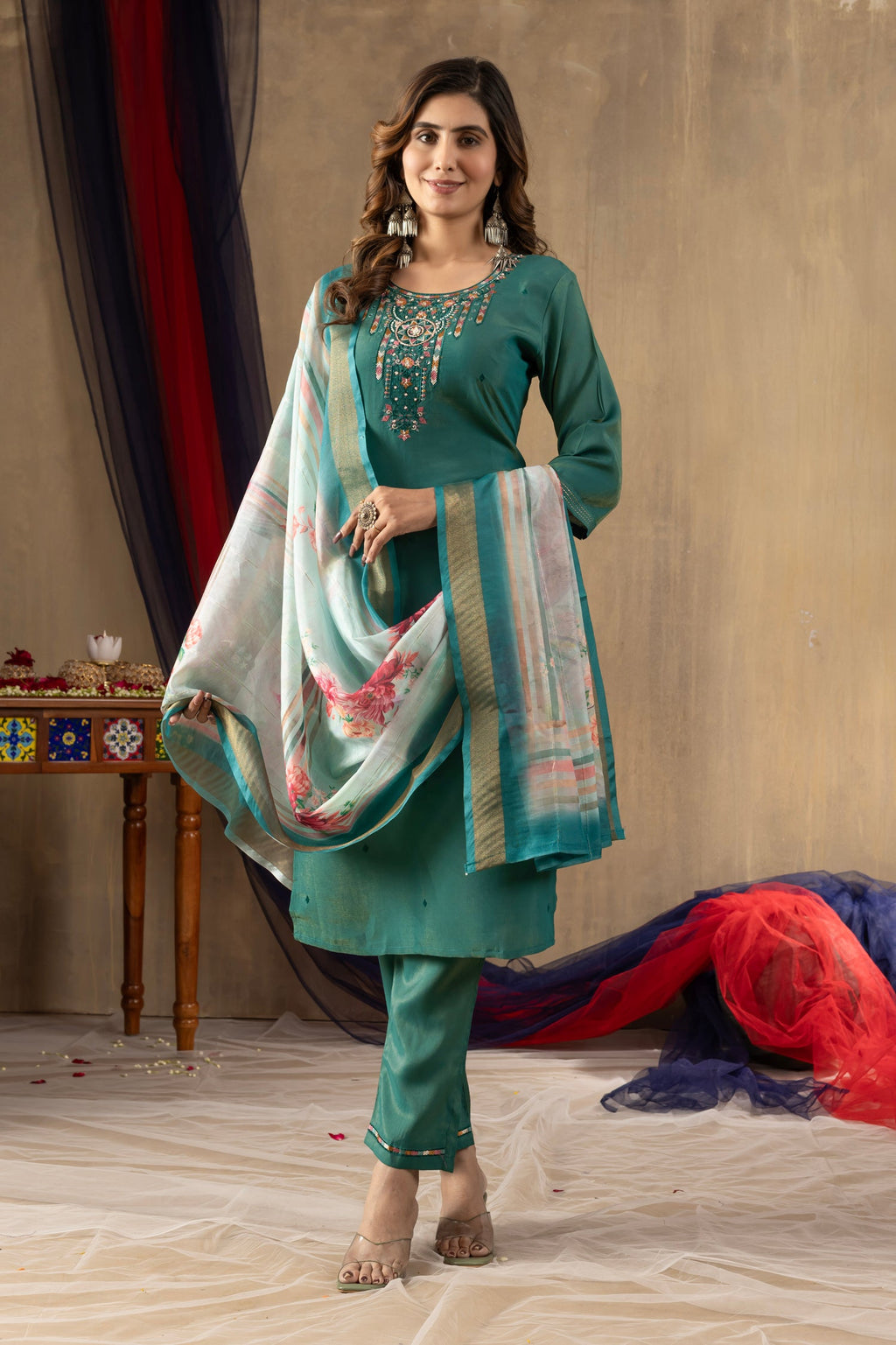 Lorenvalley Fashion Rama Shimmer Gold Silk Multi Embroidery Thread With Hand Work Kurta Pant Dupatta | Grocsy