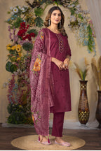 Lorenvalley Fashion Cerise Roman Silk Multi Embroidery Thread With Hand Work Kurta Pant Dupatta | Grocsy
