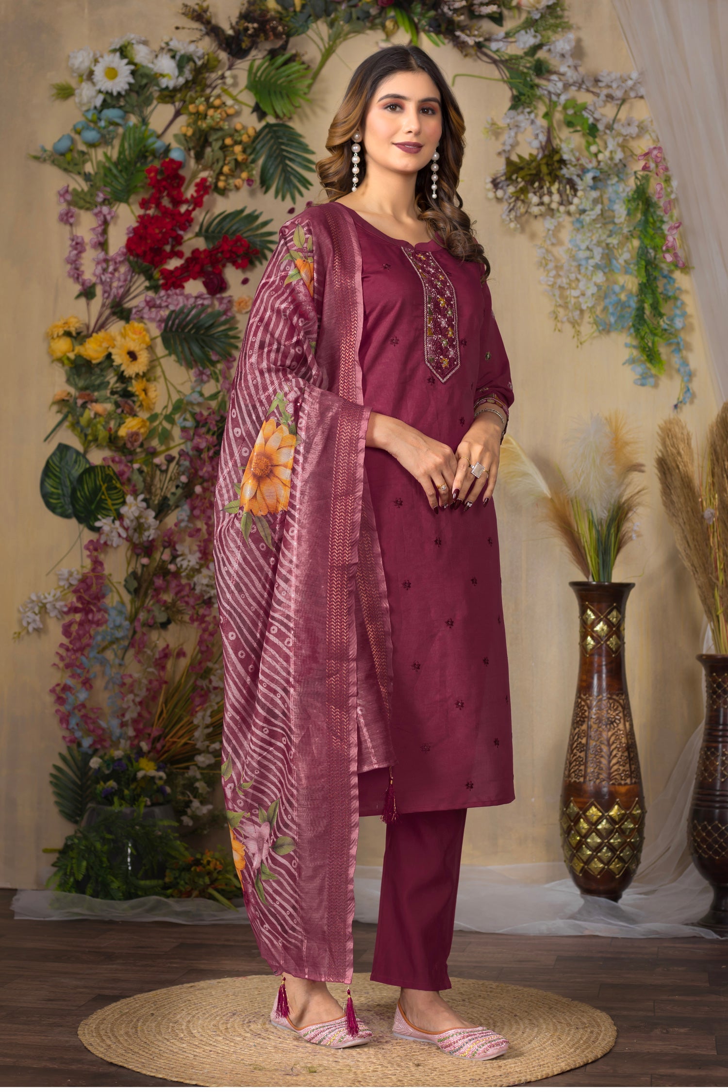 Lorenvalley Fashion Cerise Roman Silk Multi Embroidery Thread With Hand Work Kurta Pant Dupatta | Grocsy
