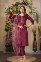 Lorenvalley Fashion Cerise Roman Silk Multi Embroidery Thread With Hand Work Kurta Pant Dupatta | Grocsy