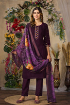 Lorenvalley Fashion Wine Roman Silk Multi Embroidery Thread With Hand Work Kurta Pant Dupatta | Grocsy