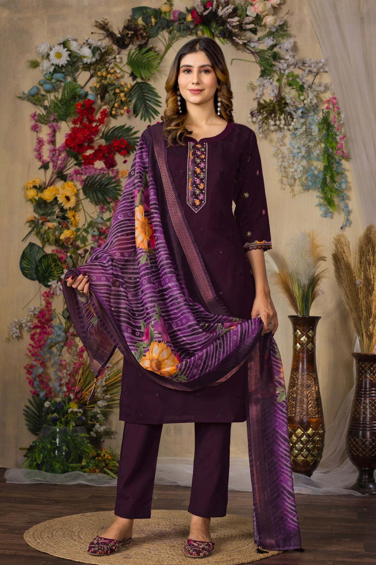 Lorenvalley Fashion Wine Roman Silk Multi Embroidery Thread With Hand Work Kurta Pant Dupatta | Grocsy