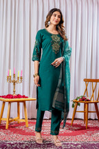Lorenvalley Fashion Green Viscose Silk Embroidery Thread With Hand Work Kurta Pant Dupatta | Grocsy