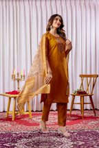 Lorenvalley Fashion Mustard Viscose Silk Embroidery Thread With Hand Work Kurta Pant Dupatta | Grocsy
