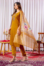 Lorenvalley Fashion Mustard Viscose Silk Embroidery Thread With Hand Work Kurta Pant Dupatta | Grocsy