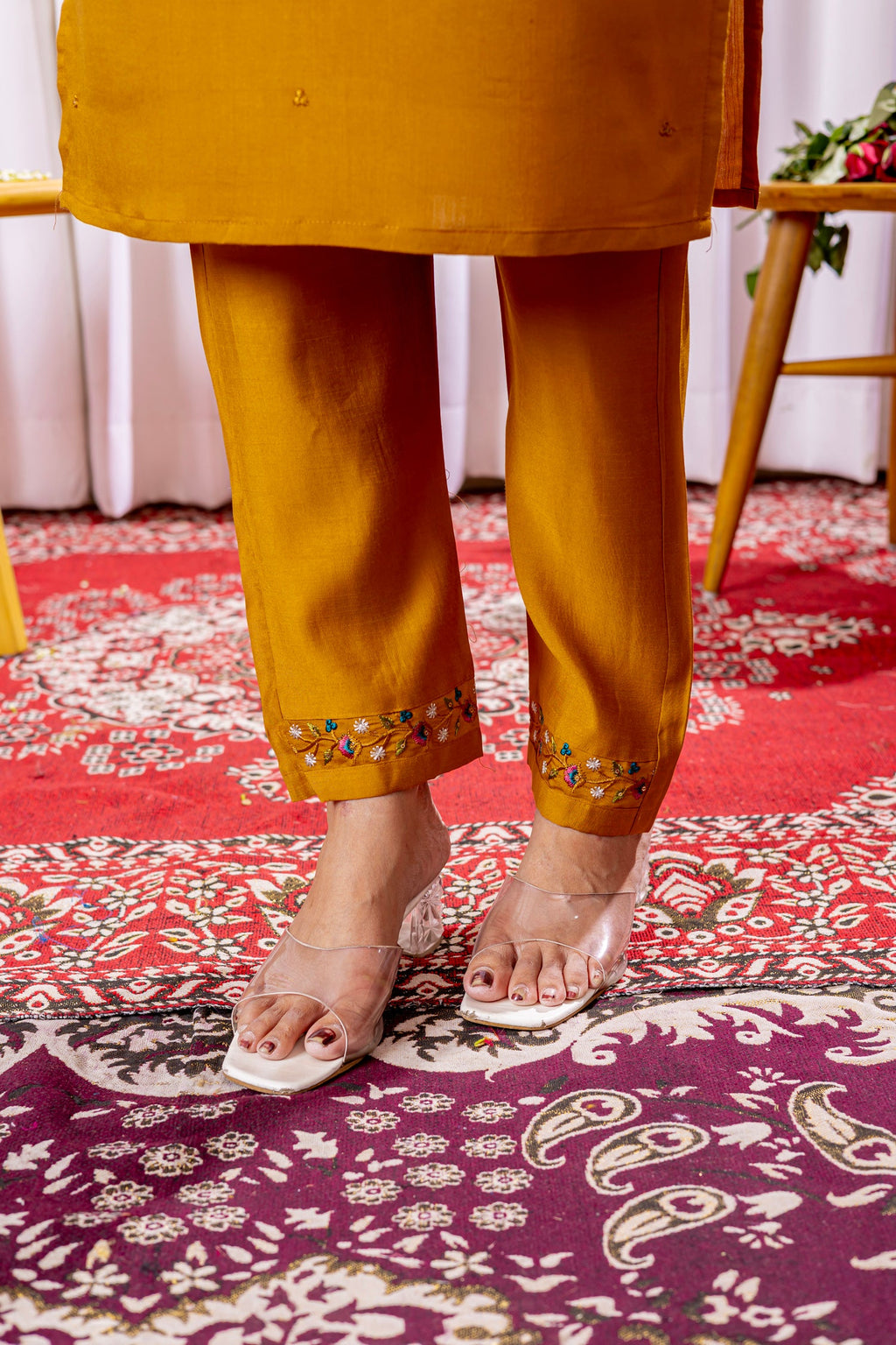 Lorenvalley Fashion Mustard Viscose Silk Embroidery Thread With Hand Work Kurta Pant Dupatta | Grocsy