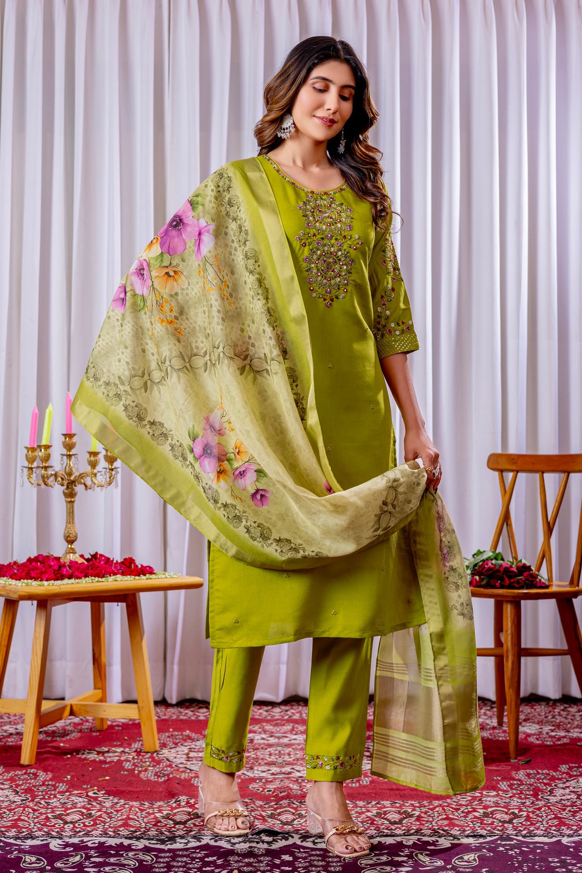 Lorenvalley Fashion Parrotgreen Viscose Silk Embroidery Thread With Hand Work Kurta Pant Dupatta | Grocsy