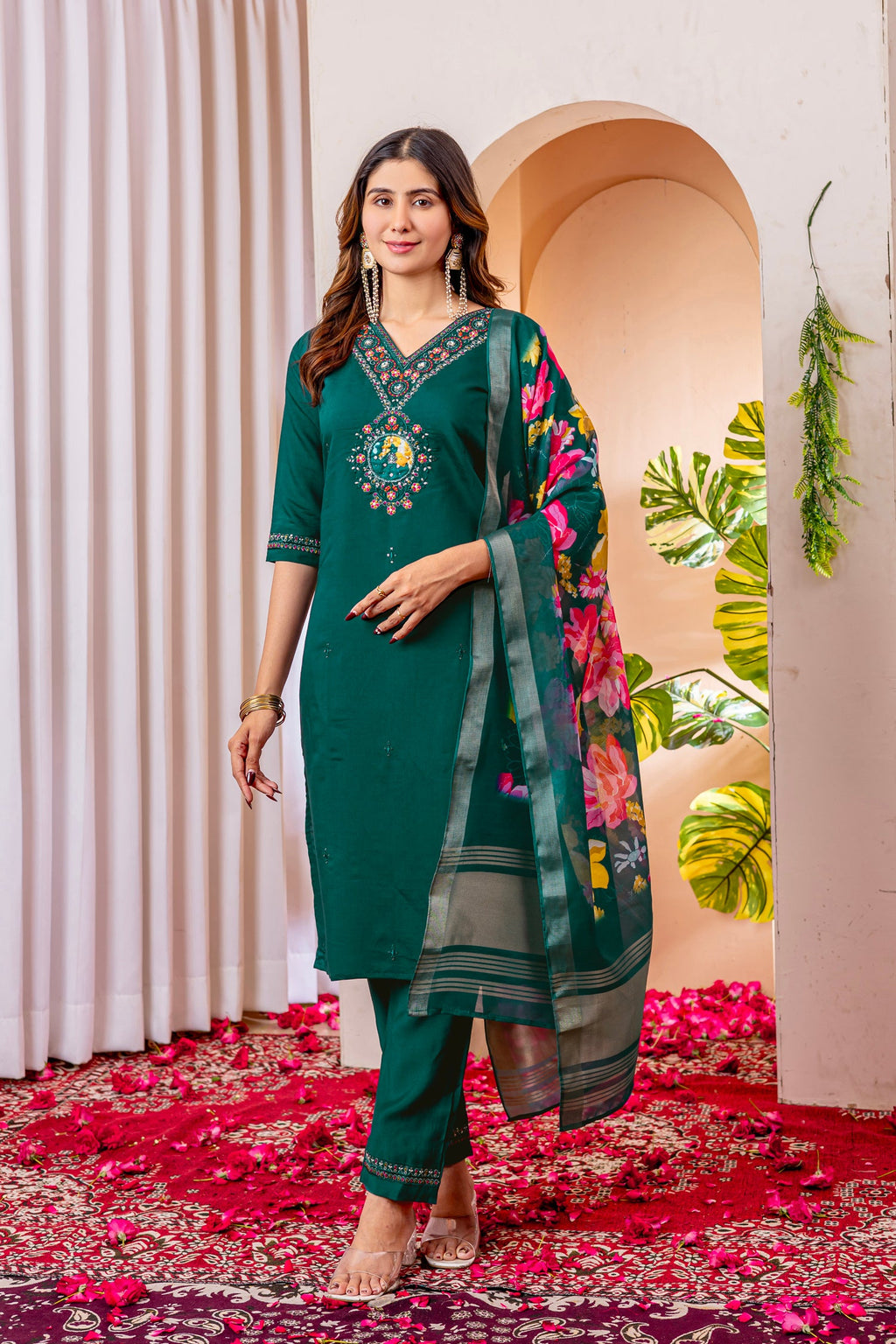 Lorenvalley Fashion Green Marina Viscose Silk Embroidery Thread With Hand Work Kurta Pant Dupatta | Grocsy