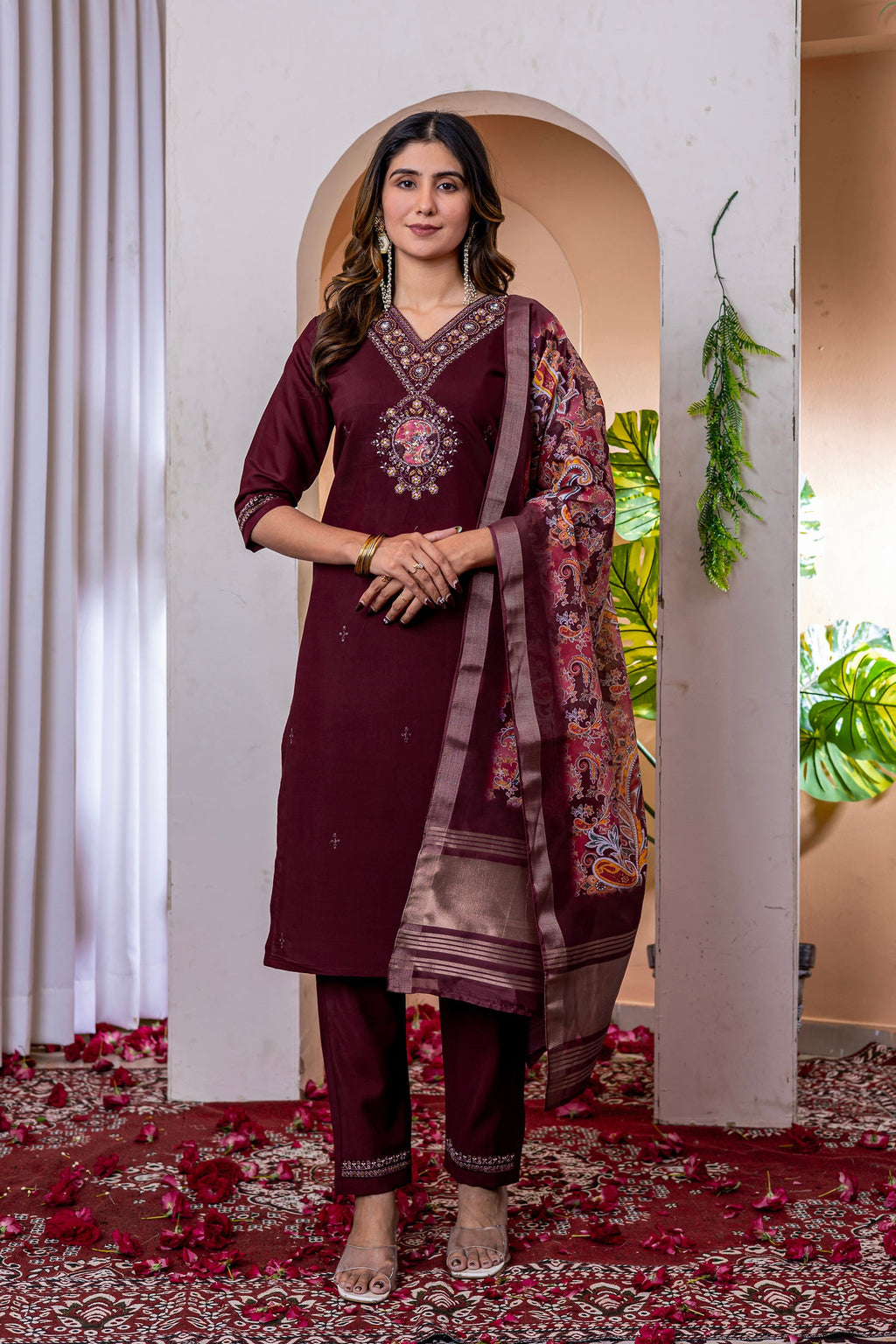 Lorenvalley Fashion Wine Marina Viscose Silk Embroidery Thread With Hand Work Kurta Pant Dupatta | Grocsy