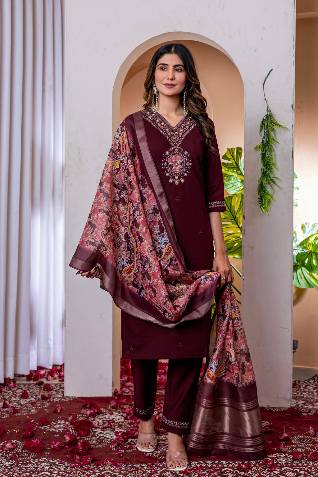 Lorenvalley Fashion Wine Marina Viscose Silk Embroidery Thread With Hand Work Kurta Pant Dupatta | Grocsy