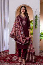 Lorenvalley Fashion Wine Marina Viscose Silk Embroidery Thread With Hand Work Kurta Pant Dupatta | Grocsy