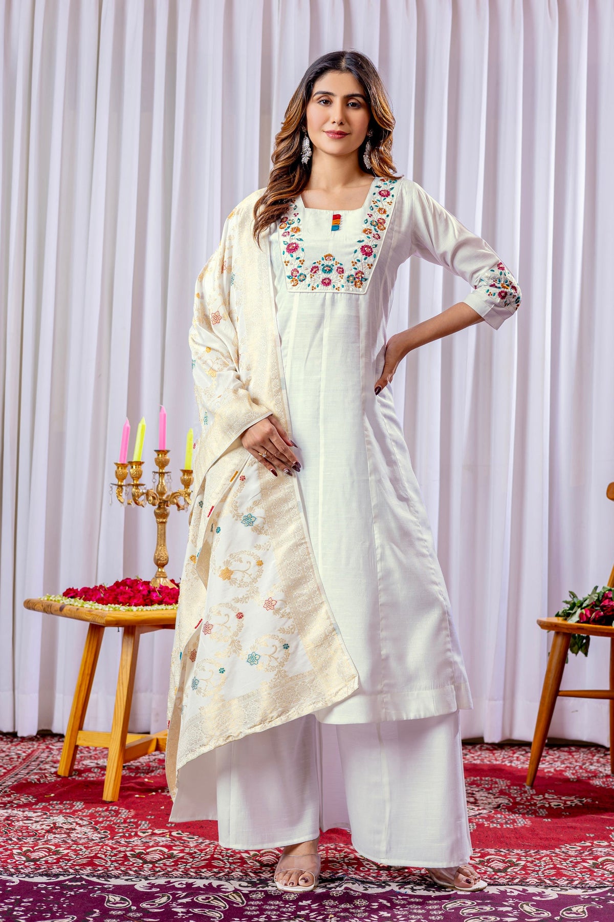 Lorenvalley Fashion White Mango Silk Multi Embroidery Thread,With Hand Work Kurta Palazzo Dupatta | Grocsy