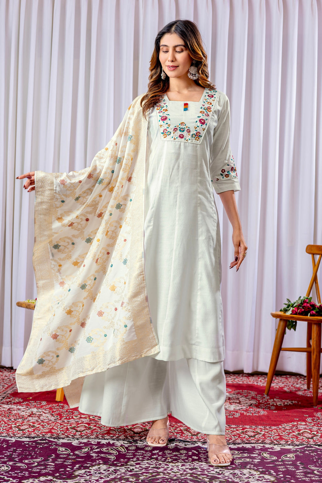 Lorenvalley Fashion White Mango Silk Multi Embroidery Thread,With Hand Work Kurta Palazzo Dupatta | Grocsy