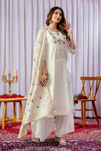 Lorenvalley Fashion White Mango Silk Multi Embroidery Thread,With Hand Work Kurta Palazzo Dupatta | Grocsy