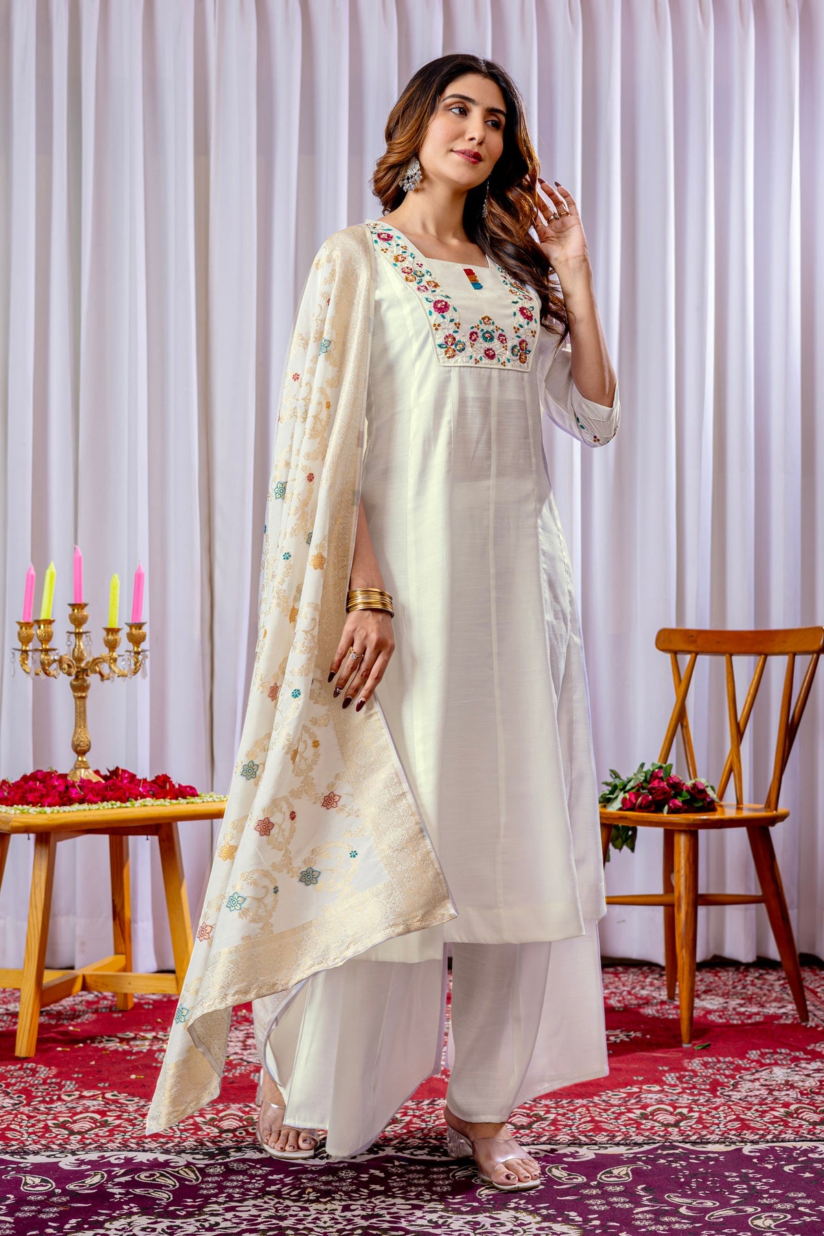 Lorenvalley Fashion White Mango Silk Multi Embroidery Thread,With Hand Work Kurta Palazzo Dupatta | Grocsy