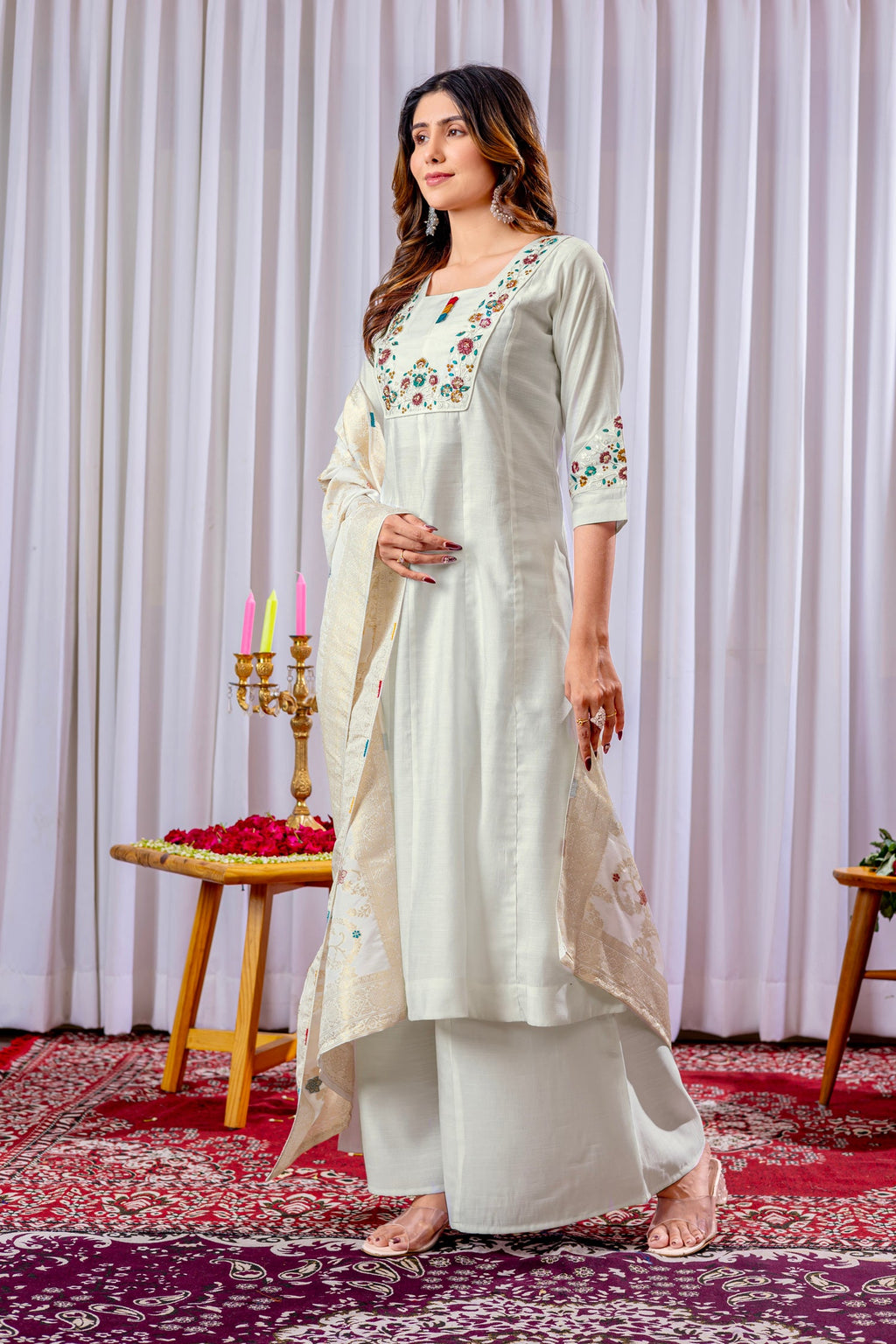 Lorenvalley Fashion White Mango Silk Multi Embroidery Thread,With Hand Work Kurta Palazzo Dupatta | Grocsy