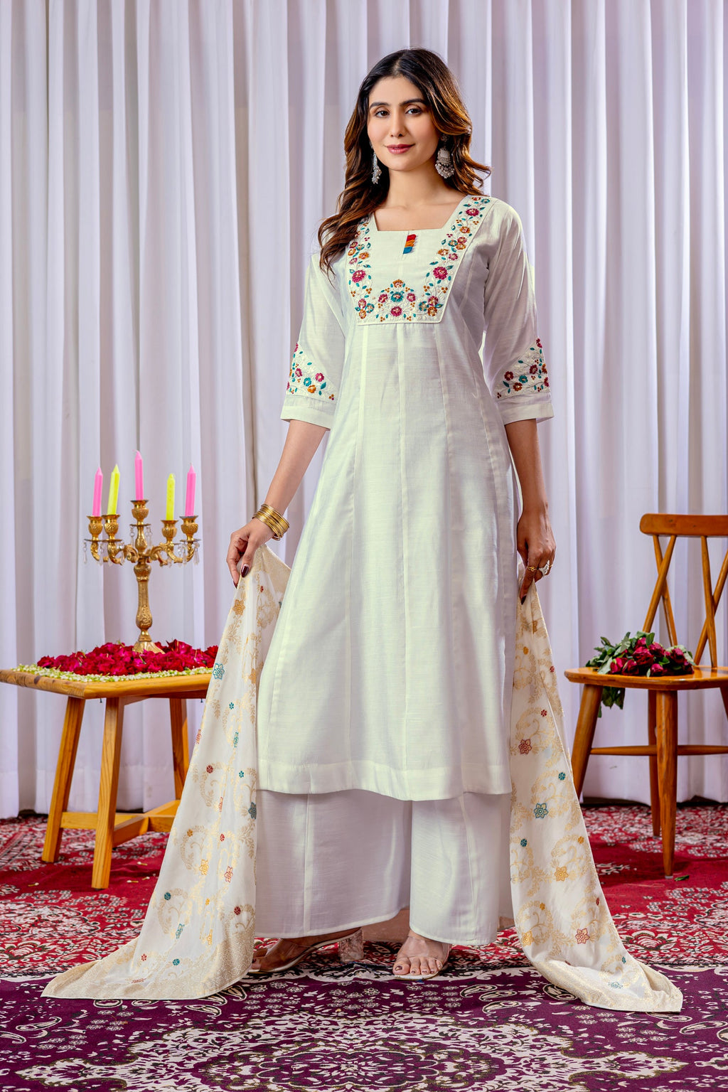 Lorenvalley Fashion White Mango Silk Multi Embroidery Thread,With Hand Work Kurta Palazzo Dupatta | Grocsy