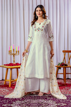 Lorenvalley Fashion White Mango Silk Multi Embroidery Thread,With Hand Work Kurta Palazzo Dupatta | Grocsy