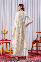 Lorenvalley Fashion White Mango Silk Multi Embroidery Thread,With Hand Work Kurta Palazzo Dupatta | Grocsy