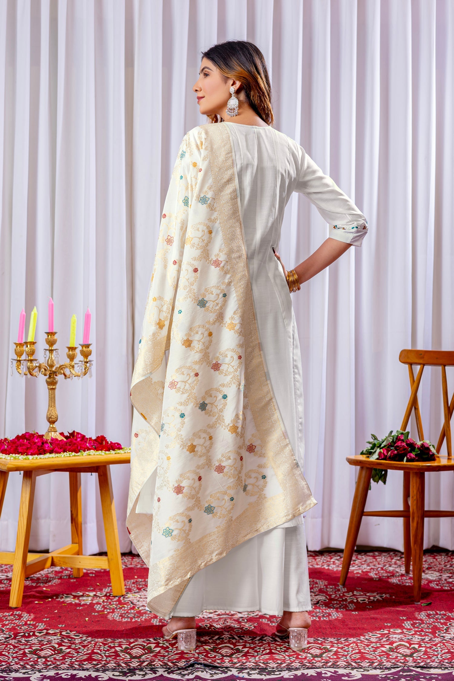 Lorenvalley Fashion White Mango Silk Multi Embroidery Thread,With Hand Work Kurta Palazzo Dupatta | Grocsy