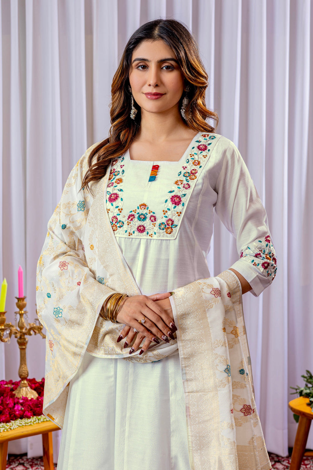 Lorenvalley Fashion White Mango Silk Multi Embroidery Thread,With Hand Work Kurta Palazzo Dupatta | Grocsy