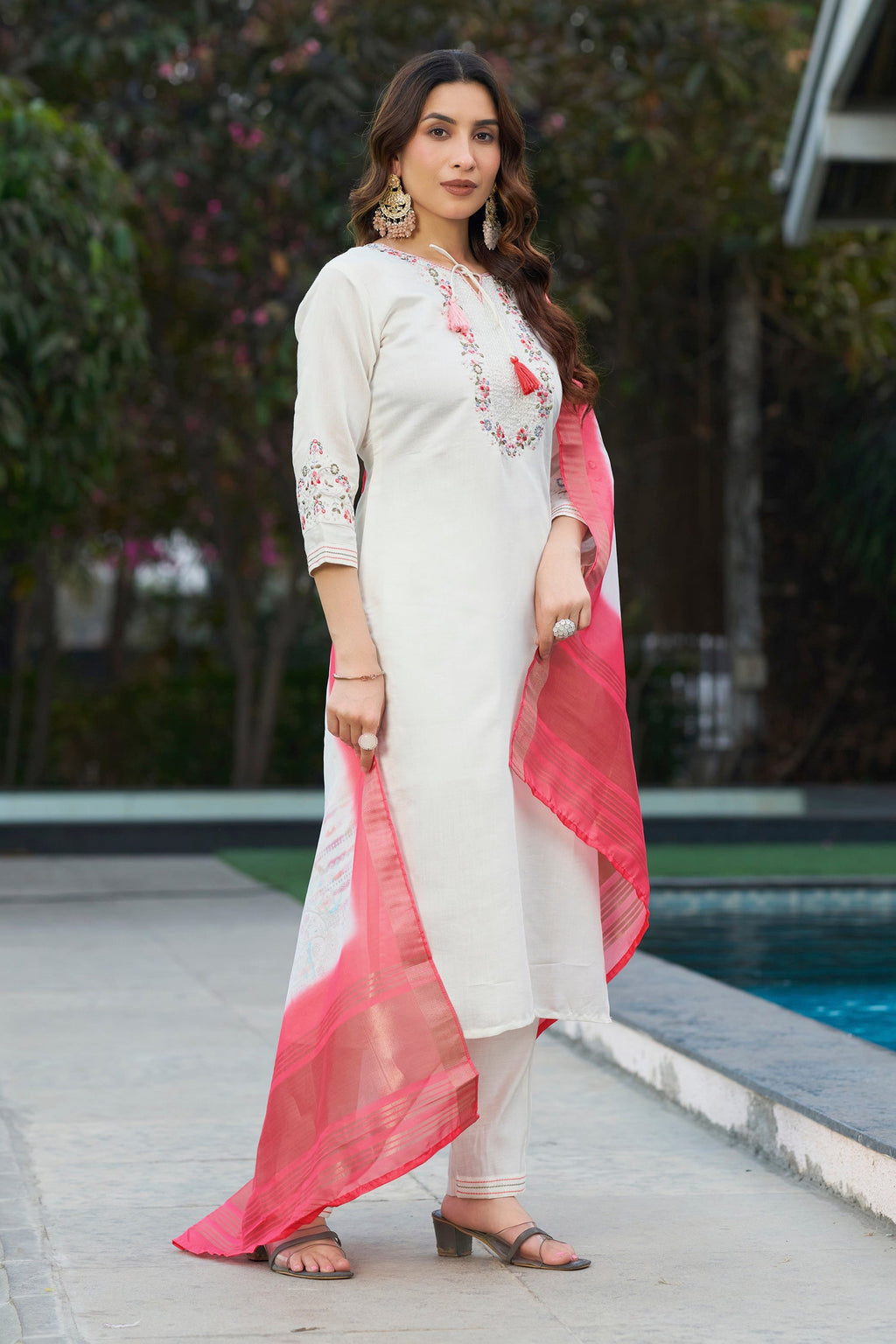 Lorenvalley Fashion White Viscose Silk Multi Embroidery Thread,With Hand Work Kurta Pant Dupatta | Grocsy