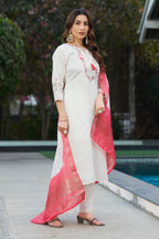 Lorenvalley Fashion White Viscose Silk Multi Embroidery Thread,With Hand Work Kurta Pant Dupatta | Grocsy