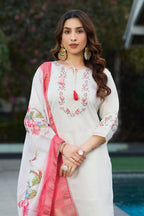 Lorenvalley Fashion White Viscose Silk Multi Embroidery Thread,With Hand Work Kurta Pant Dupatta | Grocsy