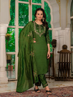 Lorenvalley Fashion Green Marina Silk Multi Embroidery Thread,With Hand Work Kurta Pant Dupatta | Grocsy