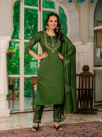 Lorenvalley Fashion Green Marina Silk Multi Embroidery Thread,With Hand Work Kurta Pant Dupatta | Grocsy