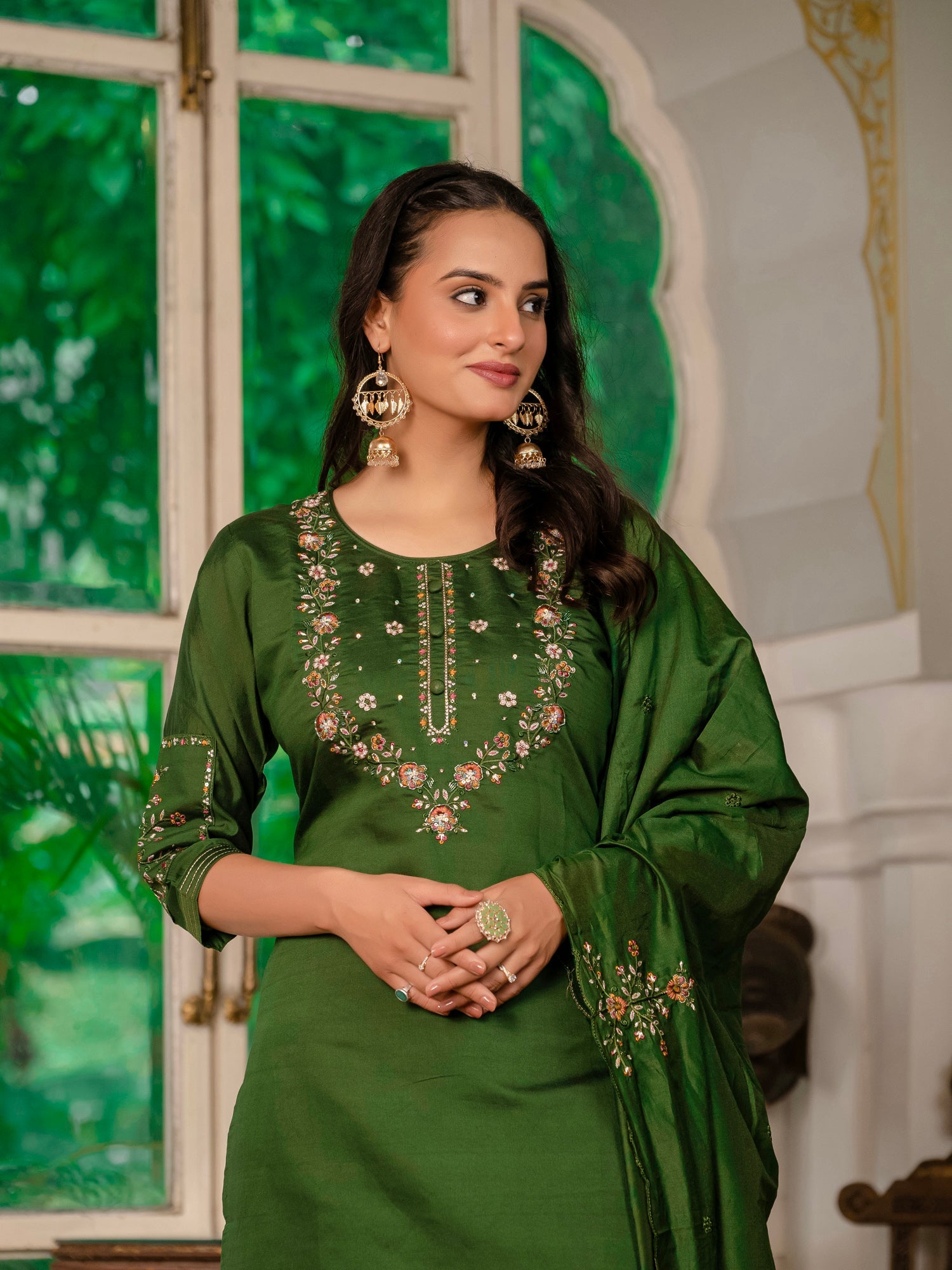 Lorenvalley Fashion Green Marina Silk Multi Embroidery Thread,With Hand Work Kurta Pant Dupatta | Grocsy