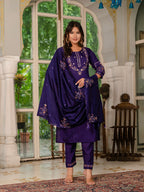 Lorenvalley Fashion Wine Marina Silk Multi Embroidery Thread,With Hand Work Kurta Pant Dupatta | Grocsy