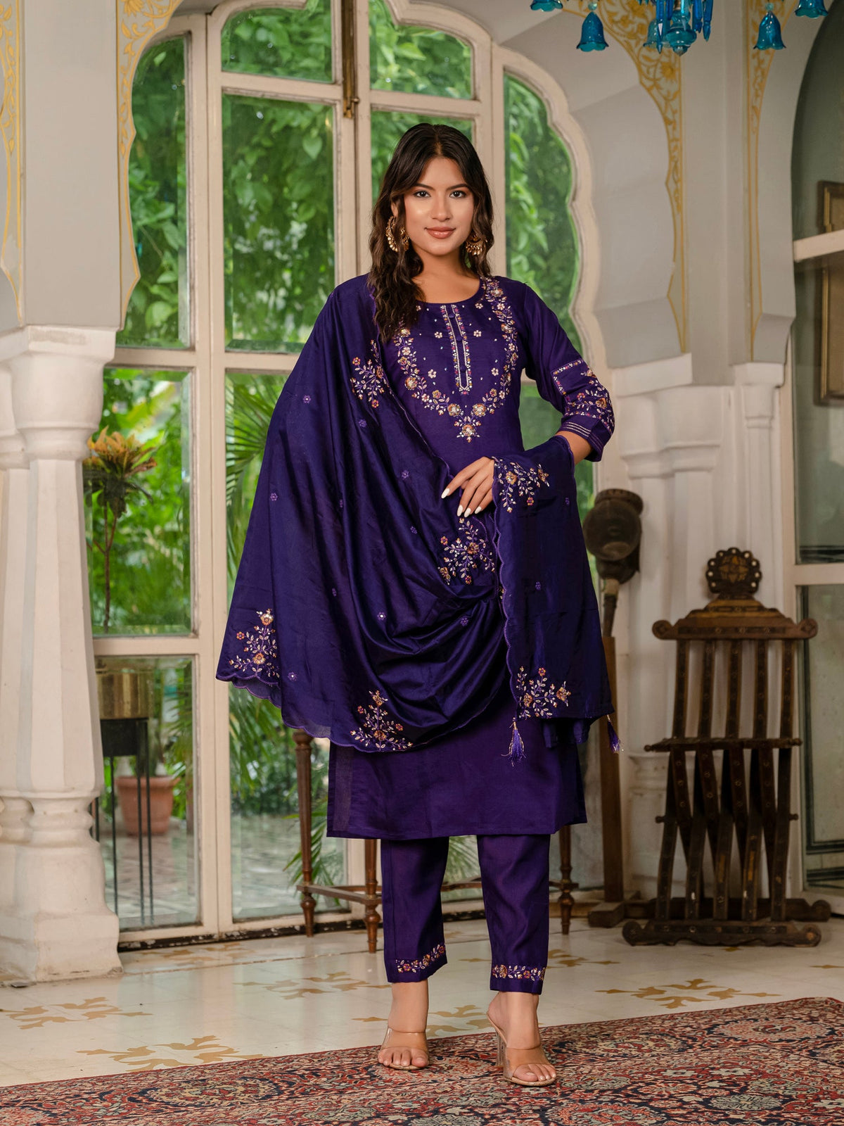 Lorenvalley Fashion Wine Marina Silk Multi Embroidery Thread,With Hand Work Kurta Pant Dupatta | Grocsy