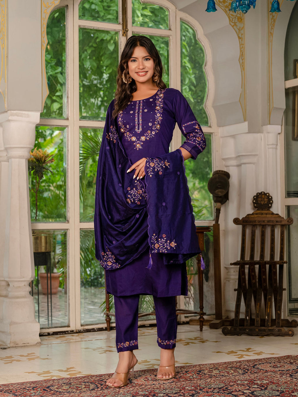 Lorenvalley Fashion Wine Marina Silk Multi Embroidery Thread,With Hand Work Kurta Pant Dupatta | Grocsy