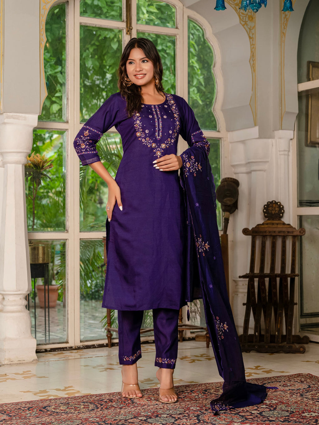 Lorenvalley Fashion Wine Marina Silk Multi Embroidery Thread,With Hand Work Kurta Pant Dupatta | Grocsy