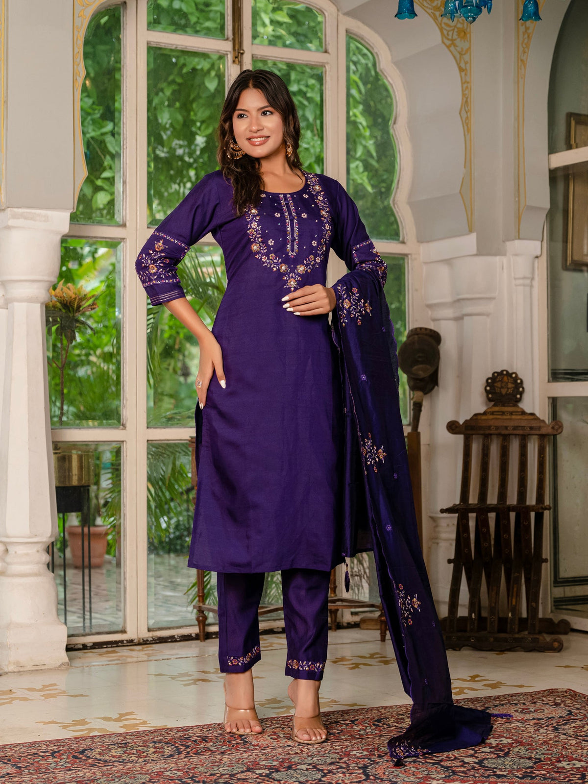 Lorenvalley Fashion Wine Marina Silk Multi Embroidery Thread,With Hand Work Kurta Pant Dupatta | Grocsy