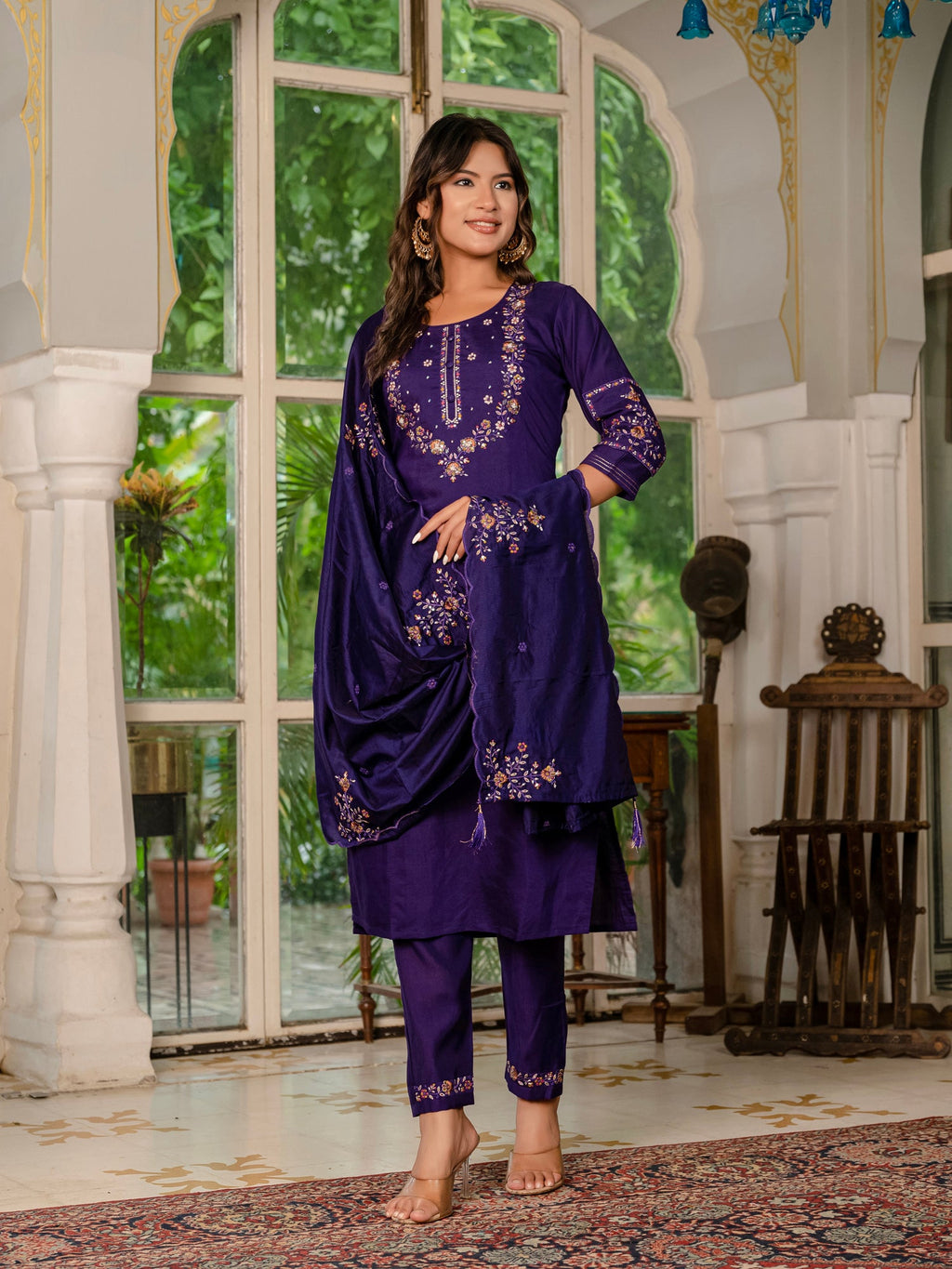 Lorenvalley Fashion Wine Marina Silk Multi Embroidery Thread,With Hand Work Kurta Pant Dupatta | Grocsy