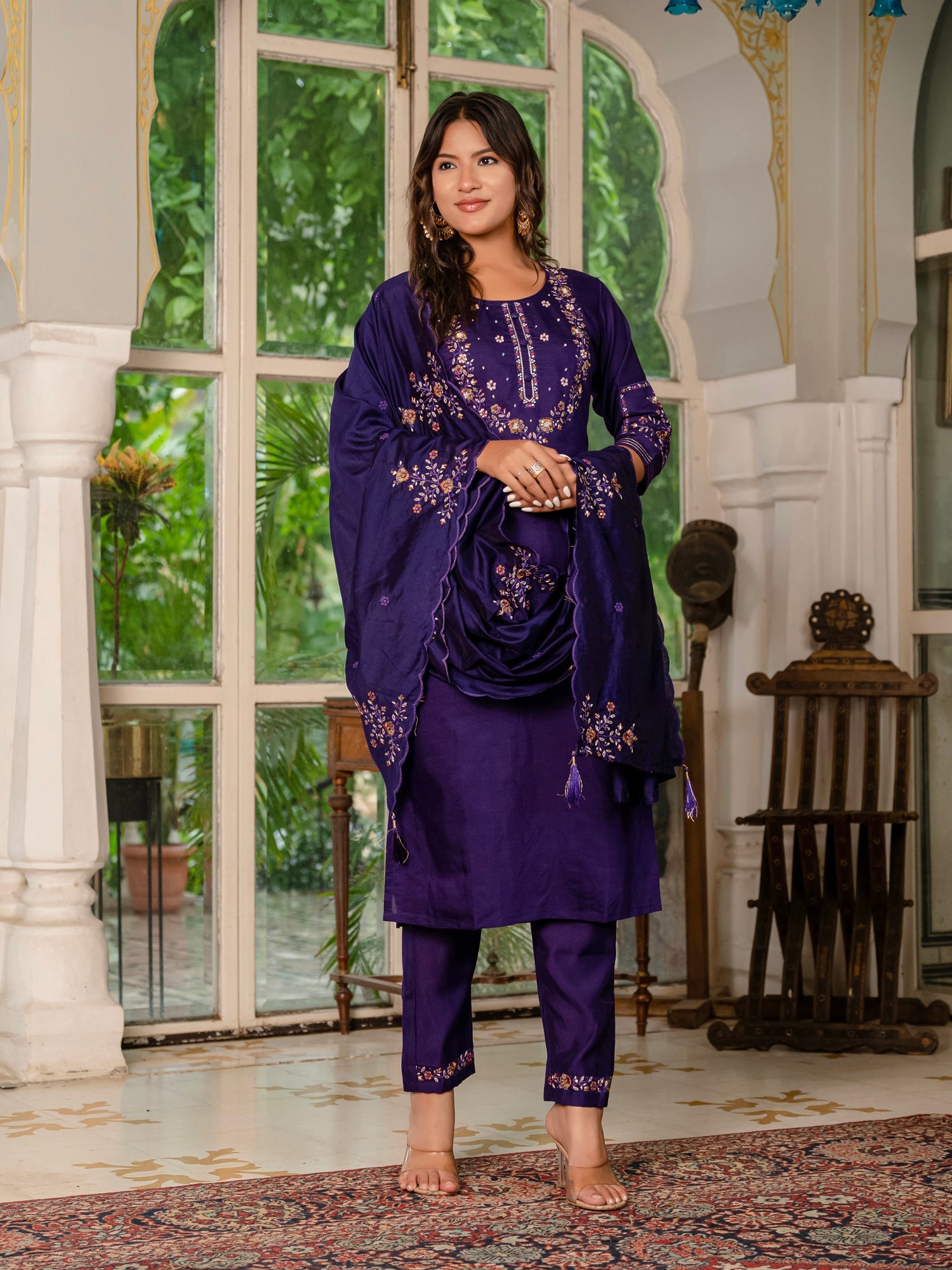Lorenvalley Fashion Wine Marina Silk Multi Embroidery Thread,With Hand Work Kurta Pant Dupatta | Grocsy