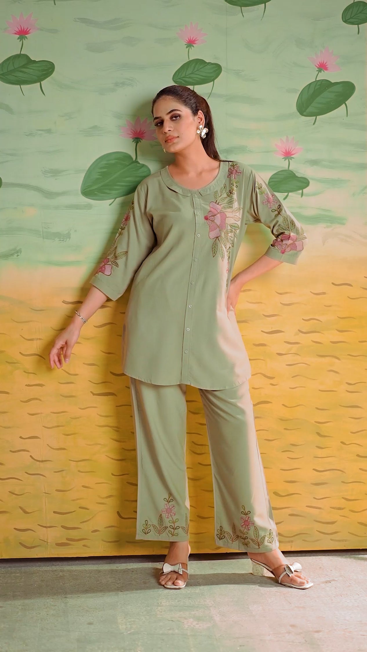 Lorenvalley Fashion Green Heavy Rayon Multi Embroidery Thread Work Co-Ords Set | Grocsy
