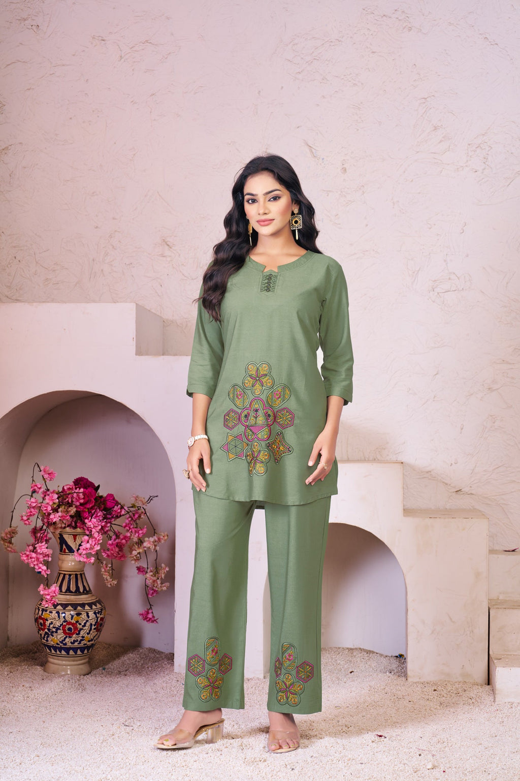 Lorenvalley Fashion Green Heavy Rayon Multi Embroidery Thread Work Co-Ords Set | Grocsy
