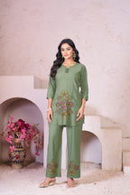 Lorenvalley Fashion Green Heavy Rayon Multi Embroidery Thread Work Co-Ords Set | Grocsy