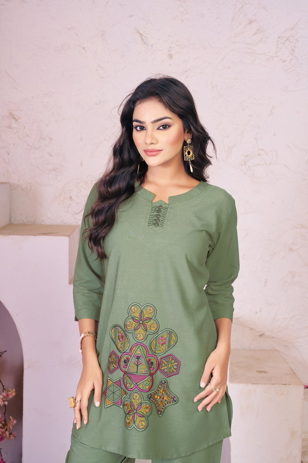 Lorenvalley Fashion Green Heavy Rayon Multi Embroidery Thread Work Co-Ords Set | Grocsy