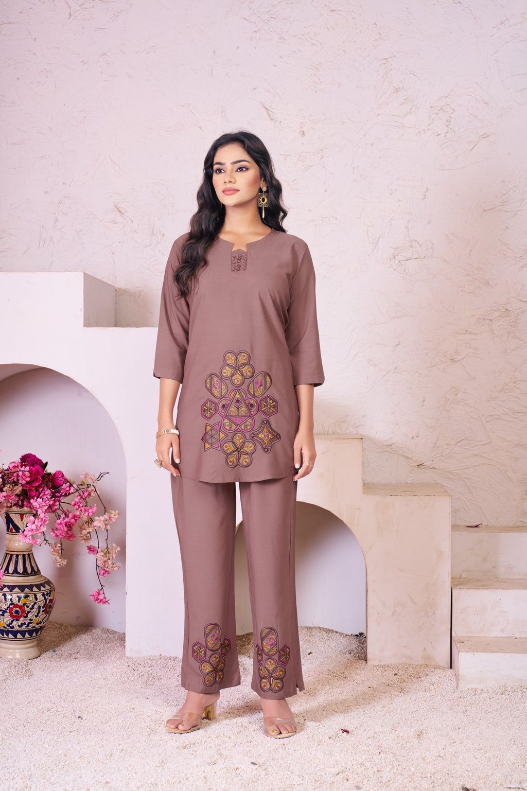 Lorenvalley Fashion Onion Heavy Rayon Multi Embroidery Thread Work Co-Ords Set | Grocsy