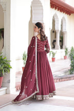 Evanik Designer Vichitra Silk with Rich Embroidered Zari & Thread Work Gown Dupatta | Grocsy