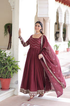 Evanik Designer Vichitra Silk with Rich Embroidered Zari & Thread Work Gown Dupatta | Grocsy