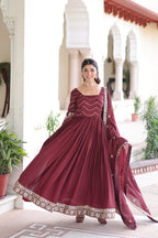 Evanik Designer Vichitra Silk with Rich Embroidered Zari & Thread Work Gown Dupatta | Grocsy